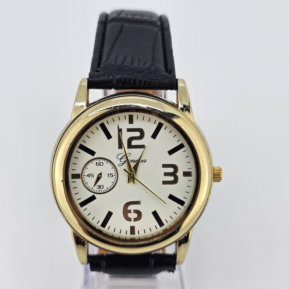 Men's Analog Watch 40MM White Dial Black Faux Leather Bands New Battery